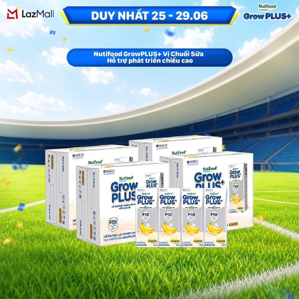 Combo 4 Thùng 24 hộp Sữa bột pha sẵn Nutifood GrowPLUS+ Vị Chuối Sữa hộp 180ml - Hỗ trợ phát triển chiều cao