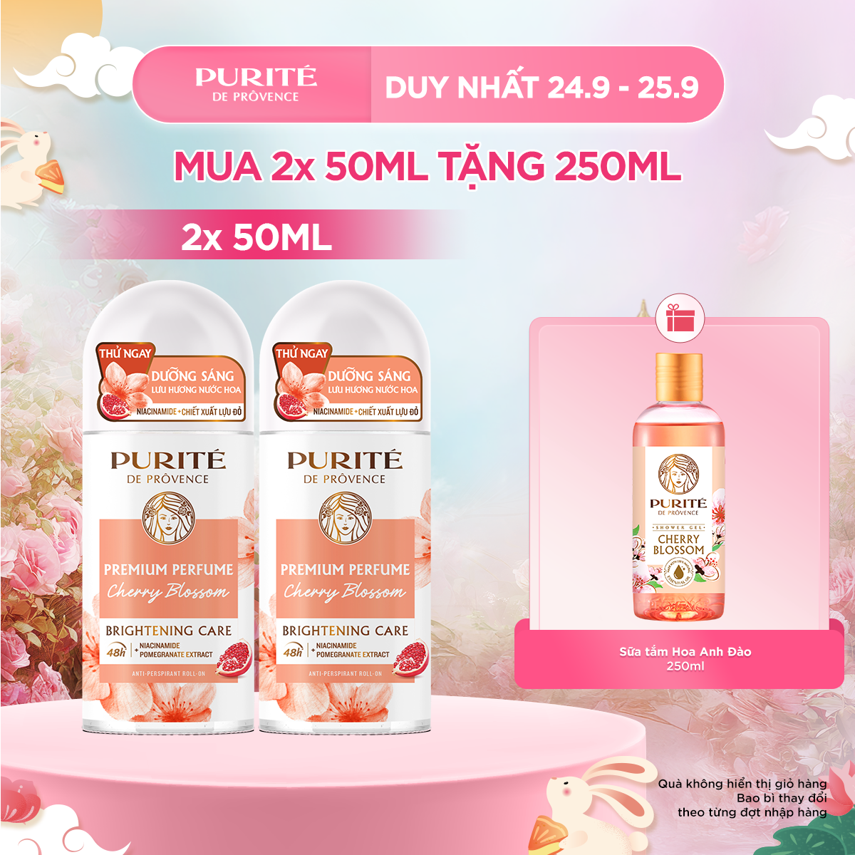 Combo 2 Lăn Khử Mùi Dưỡng Sáng Hương Nước Hoa Cao Cấp Purité Hương Hoa Anh Đào 50MLx2 + Tặng Sữa Tắm Purite Anh Đào 250ML
