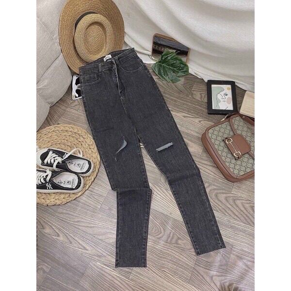 Quần jeans rách gợn sóng lưng siêu cao