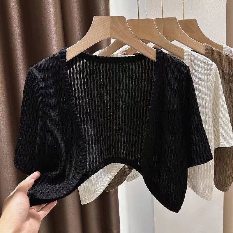 Áo Len Cardigan Ren Tay Ngắn Mùa Hè Mỏng Chống Nắng Áo Khoác Cho Váy Áo Sơ Mi Cổ Chữ V Màu Nâu Ngắn