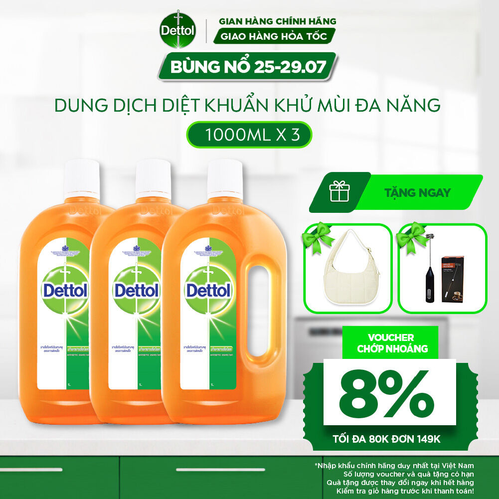 Combo 3 Chai Dung Dịch Diệt Khuẩn Khử Mùi Đa Năng Dettol, chai 1L