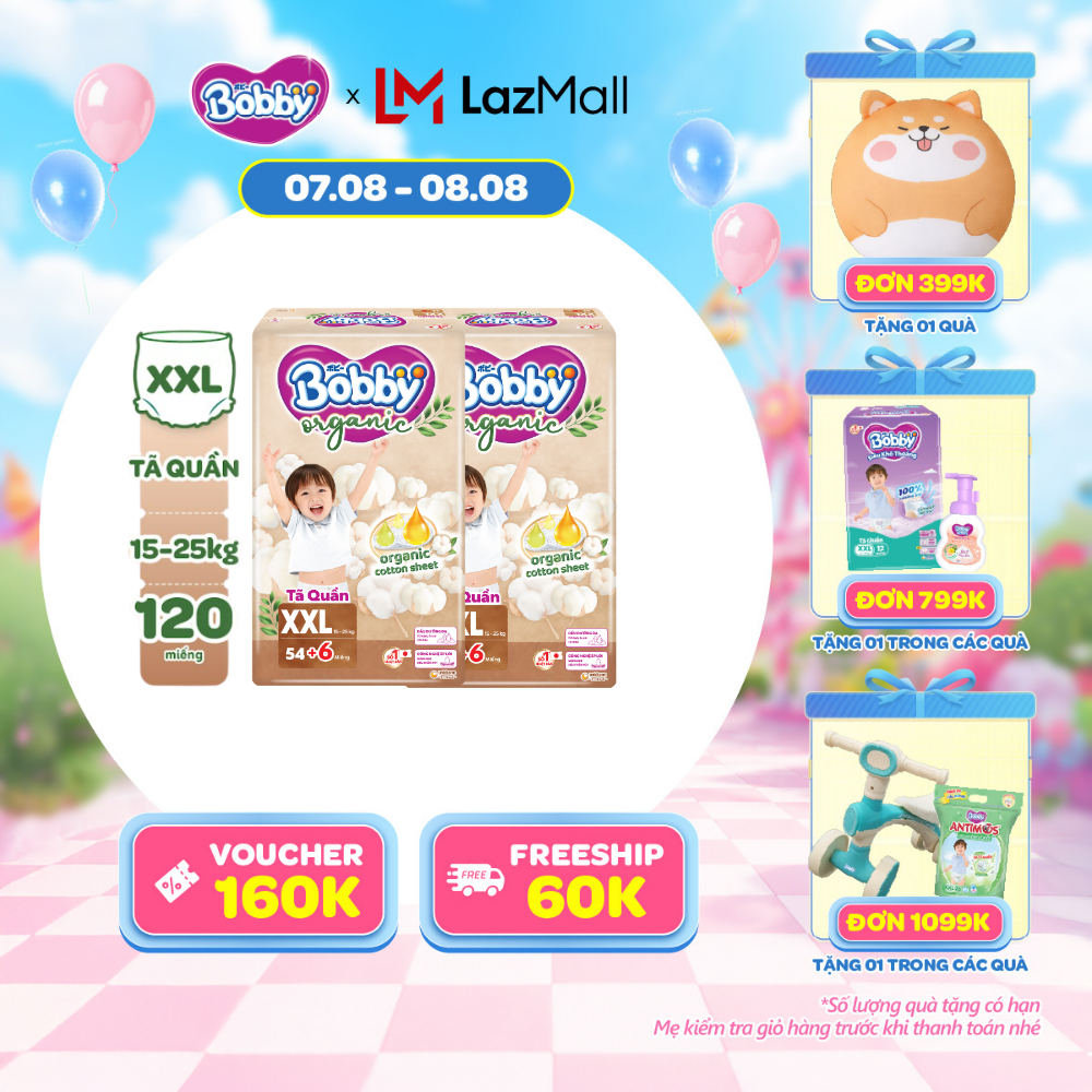 [20g 7-10.8 QUÀ TO][COMBO 2][TẶNG KÈM 6 MIẾNG] Tã quần cao cấp Bobby Organic chăm sóc dịu nhẹ từ thiên nhiên XXL54