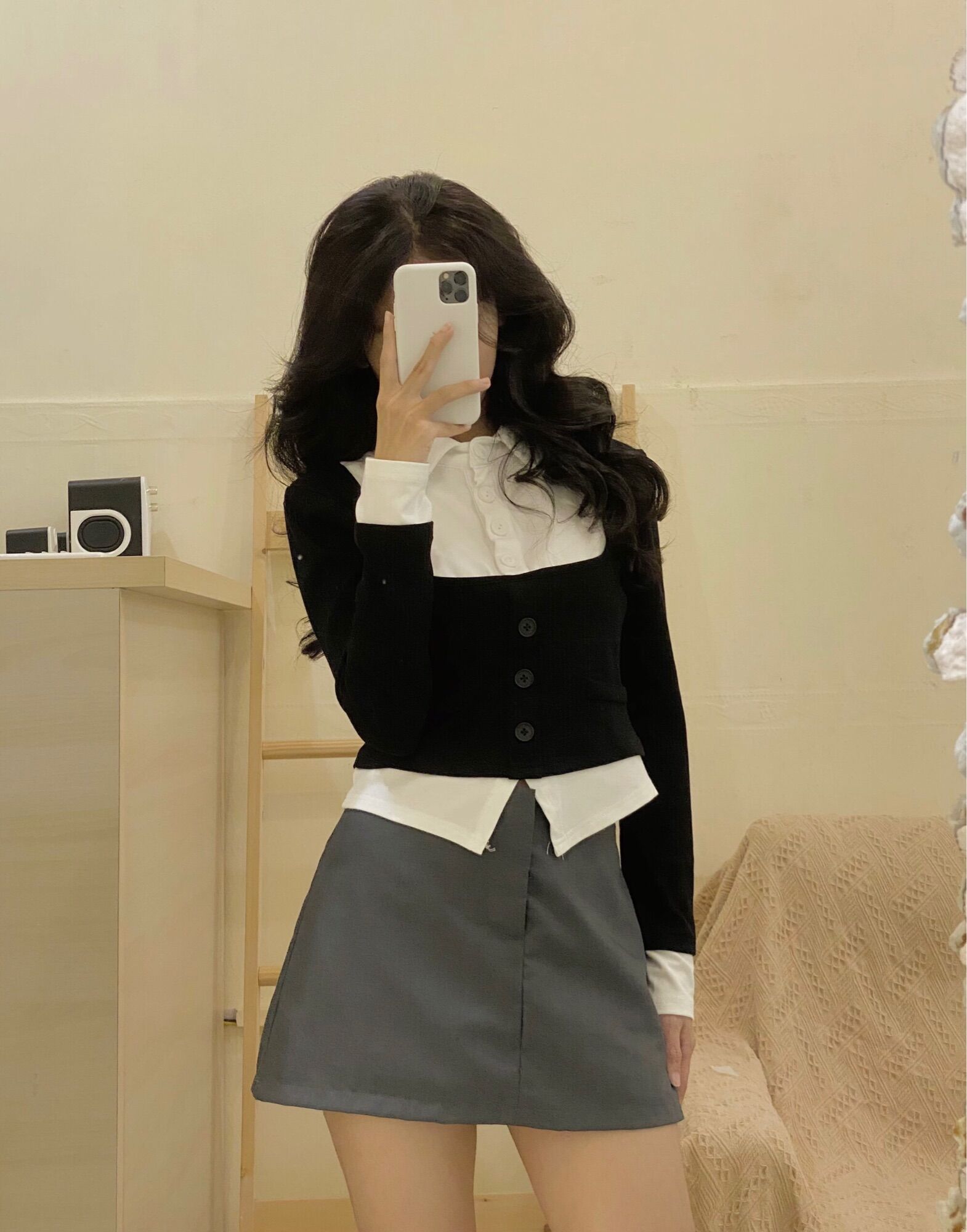 Áo croptop polo tay dài giả hai lớp