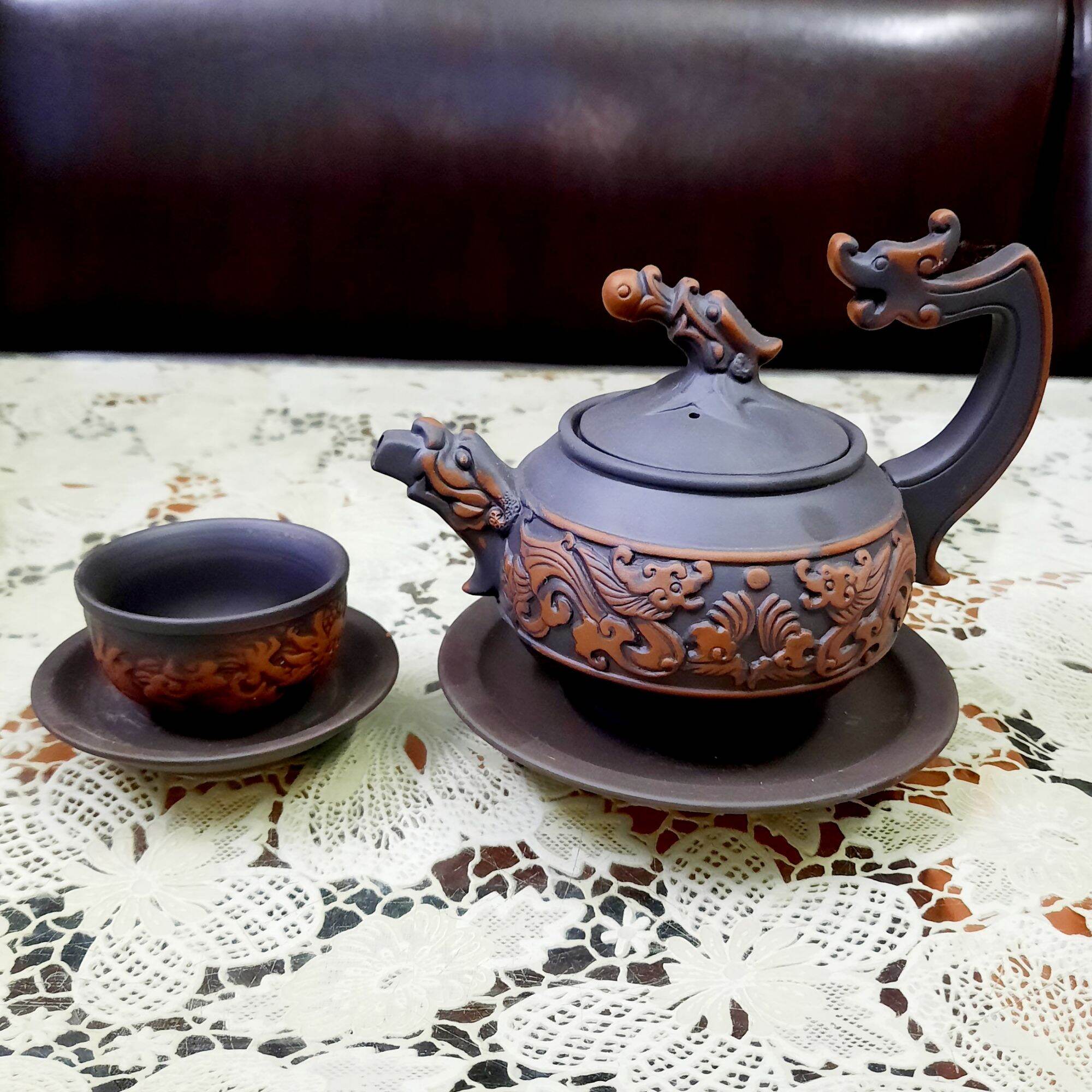 Bộ ấm trà tử sa khắc nổi cao cấp gốm sứ Bát Tràng