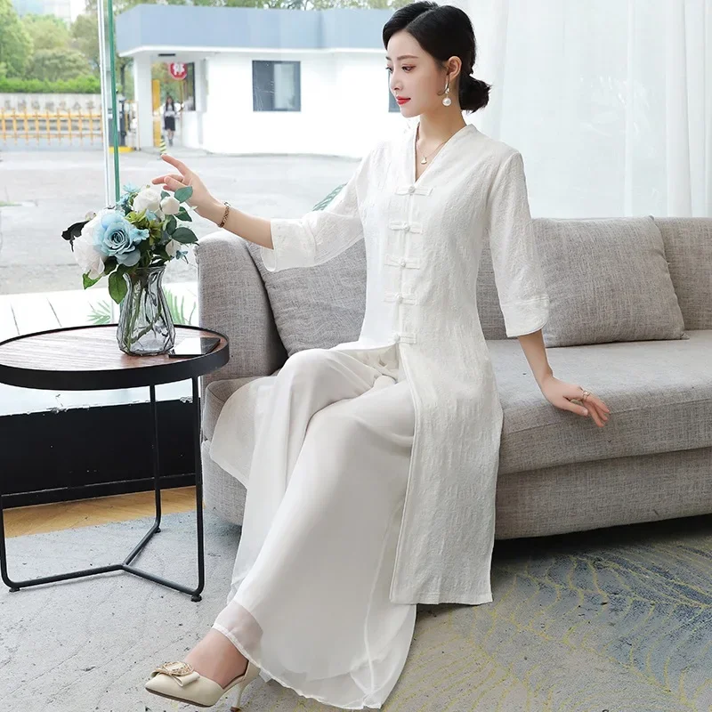 Bộ Váy Sườn Xám Cotton Phong Cách Trung Quốc Dành Cho Nữ Trẻ Với Thiết Kế Nút Cổ Điển Dài Đến Mắt Cá Chân, Trang Phục Trà Đạo Đầy Đủ, Kèm Chân Váy