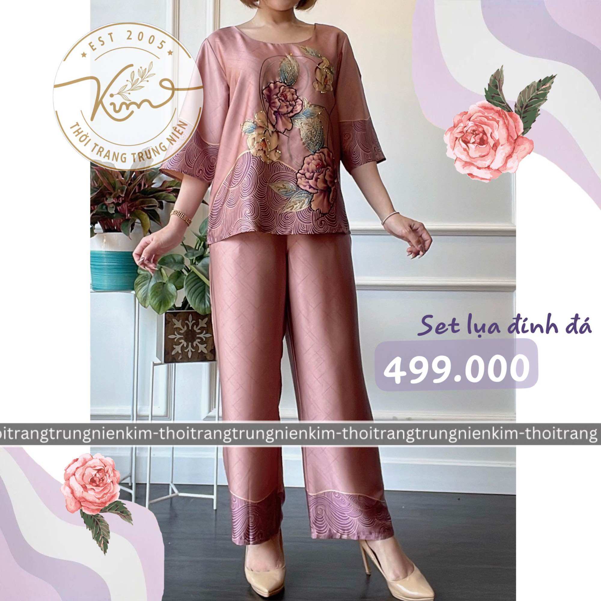 Sét bộ lụa trung niên cao cấp hoa văn hoạ tiết đính đá sắc màu rực rỡ sang trọng Bigsize quần dài 90cm