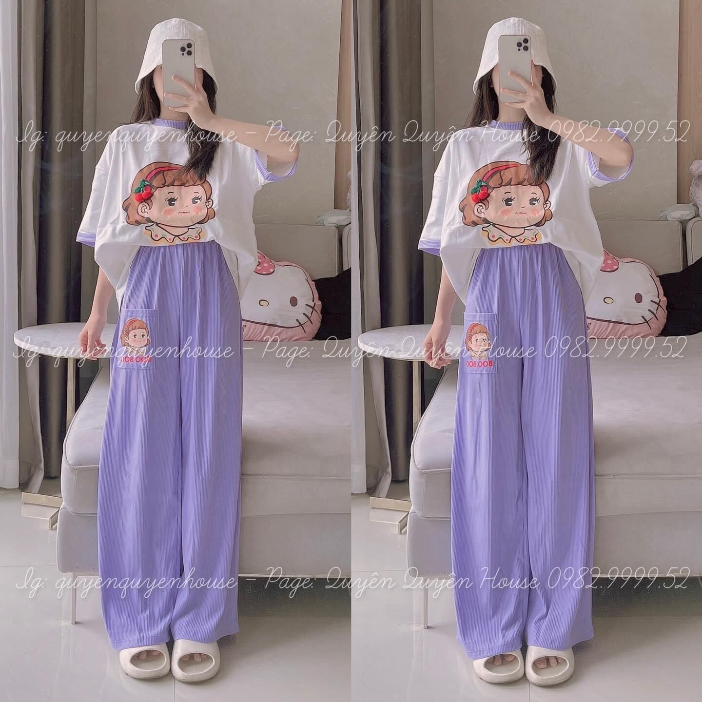 Set áo cotton bé boo phối viền tay cổ quần gân hình in túi