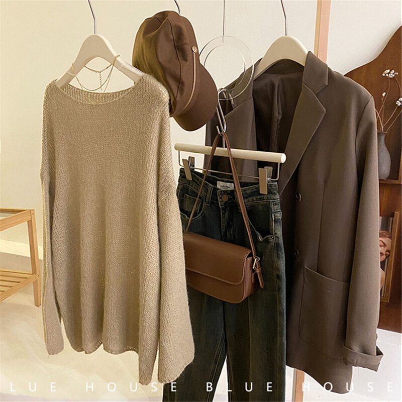 Áo Dệt Kim Có Lỗ Áo Dài Tay Phối Bên Trong Mùa Xuân Thu Mỏng Cho Nữ Áo Len Rộng Rãi Mùa Đông Mẫu Dài Vừa Mặc Bên Trong Phong Cách Lười Biếng