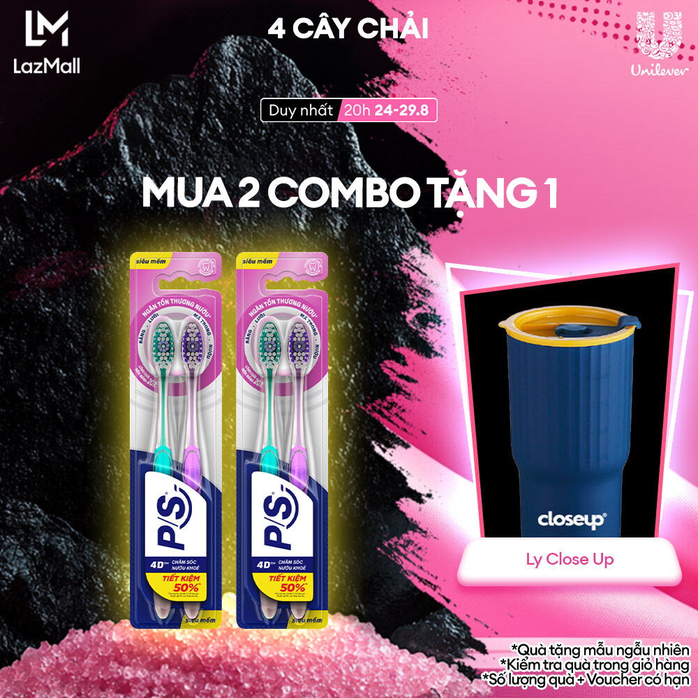 Bộ 4 bàn chải đánh răng P/S 4D Chăm Sóc Nướu Khỏe với lông chải mềm mảnh 20X, ngăn tổn thương nướu