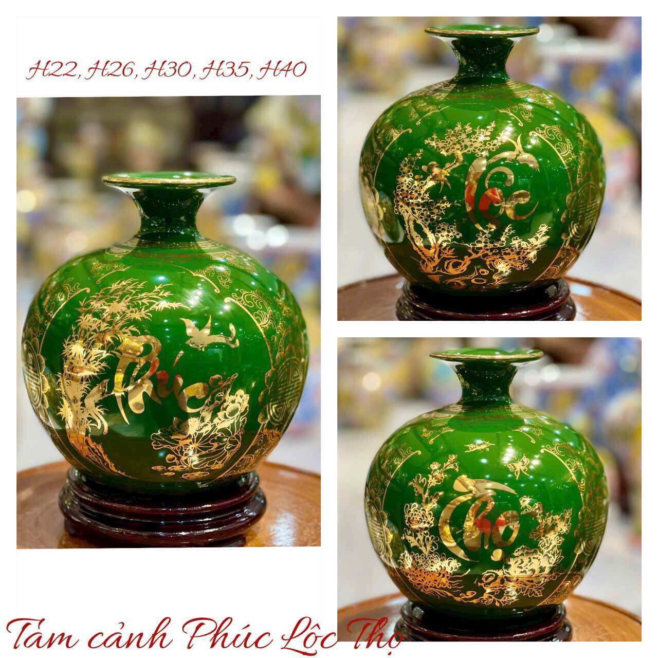 Bình hút lộc tam cảnh Phúc Lộc Thọ gốm sứ Bát Tràng vẽ vàng kim