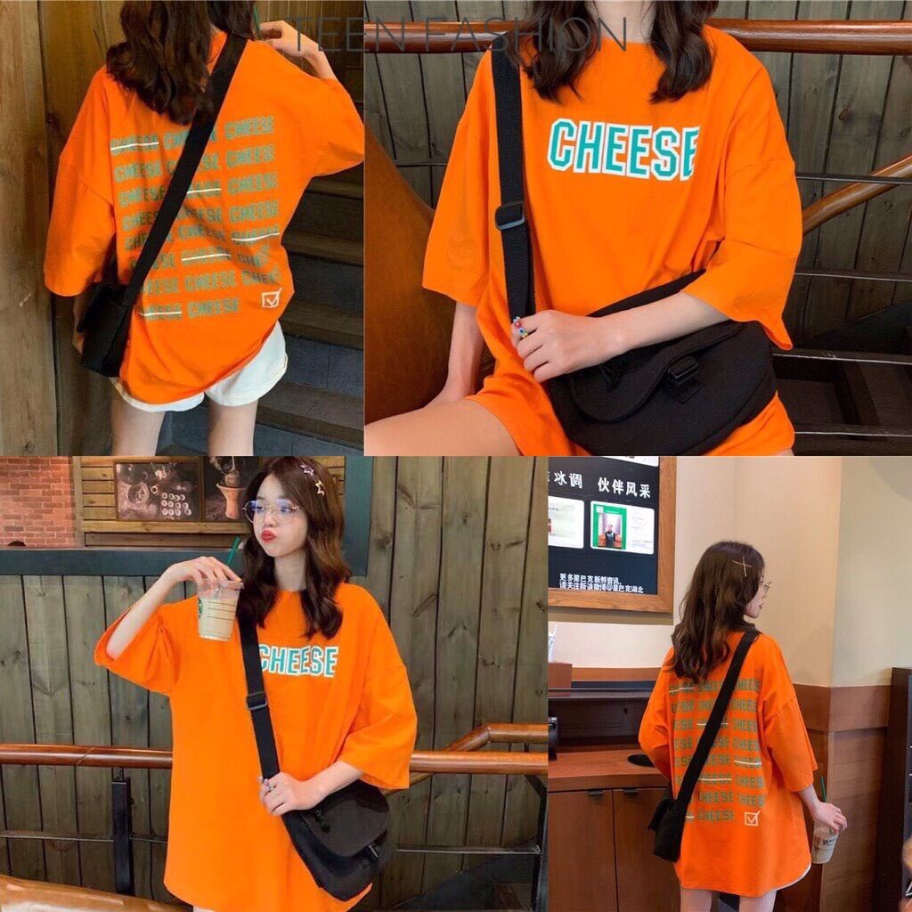 Áo Thun Nữ Màu Cam Họa Tiết Chữ Tay Lỡ Form Rộng Thời Trang Unisex