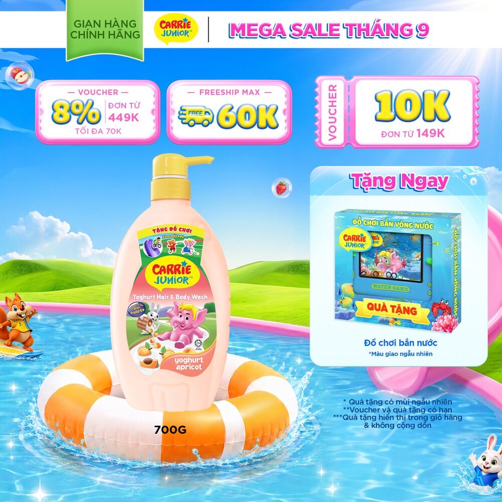 [Tặng Đồ Chơi Vòng Nước] Sữa Tắm Gội cho bé Carrie Junior Hương Nho/Dưa lưới/Cherry/Mơ tây/Tinh chất sữa/Táo 700g