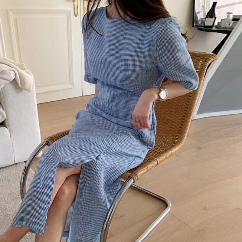 Mùa Hè Sang Trọng Lịch Sự Cổ Tròn Cổ Điển Túi Thiết Kế Ca Rô Vòng Eo Thon Gọn Tay Ngắn Xẻ Bên Hông Đầm Phong Cách Hàn Quốc Cao Vòng Eo Đầm