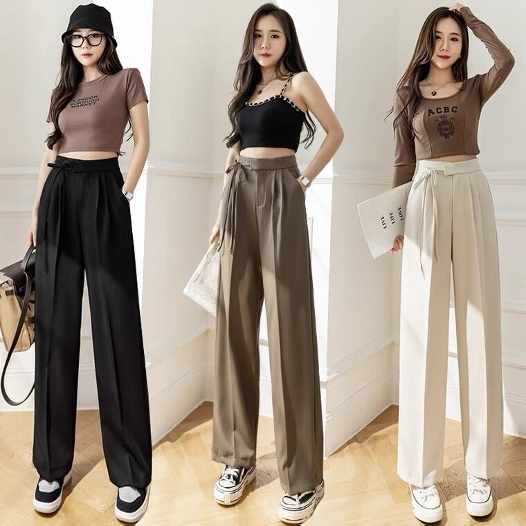 Quần ống rộng cạp buộc nơ, quần culottes dài phong cách Hàn Quốc