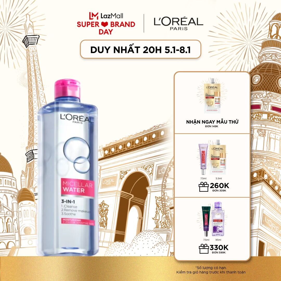 Nước tẩy trang dưỡng ẩm LOreal Paris Micellar Water 400ml (màu hồng)