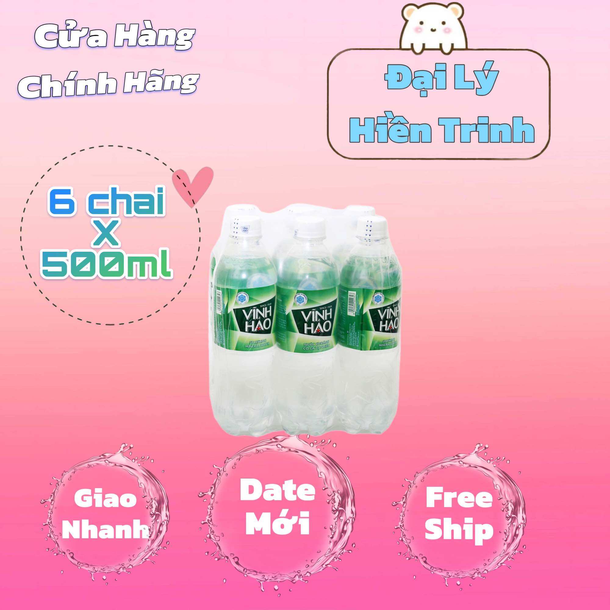 Lốc 6 chai nước khoáng vĩnh hảo có ga 500ml