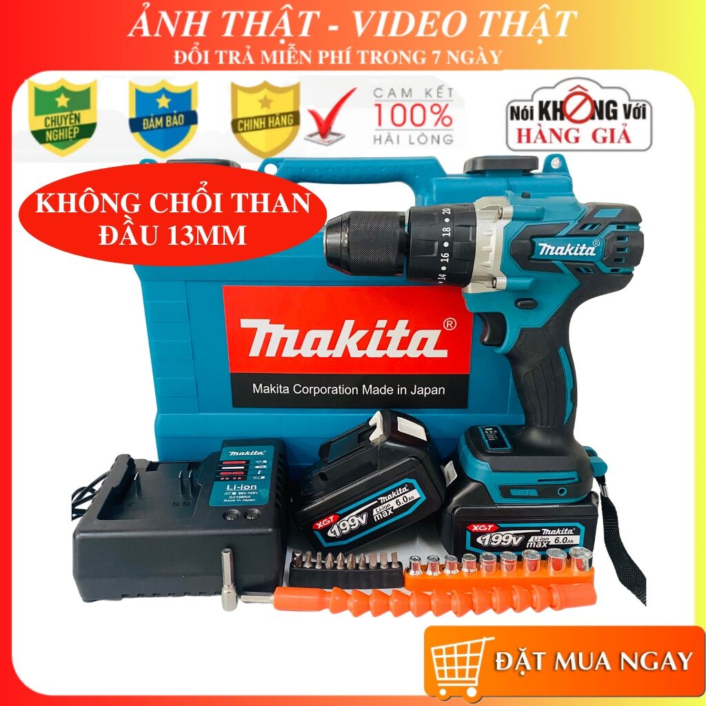 Máy Khoan Pin 3 Chức Năng Không Chổi Than MAKITA 199V lõi đồng tặng bộ phụ kiện 22 chi tiết