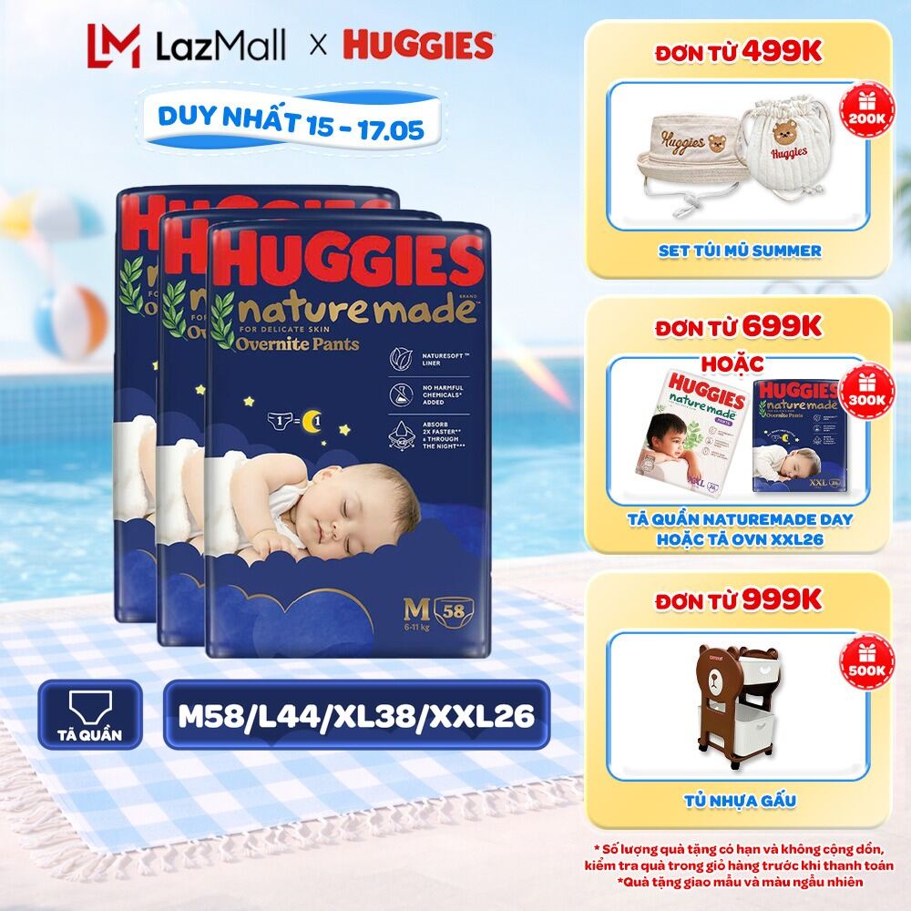 Combo 3 Tã quần Huggies Naturemade ban đêm M58/L44/XL38/XXL26