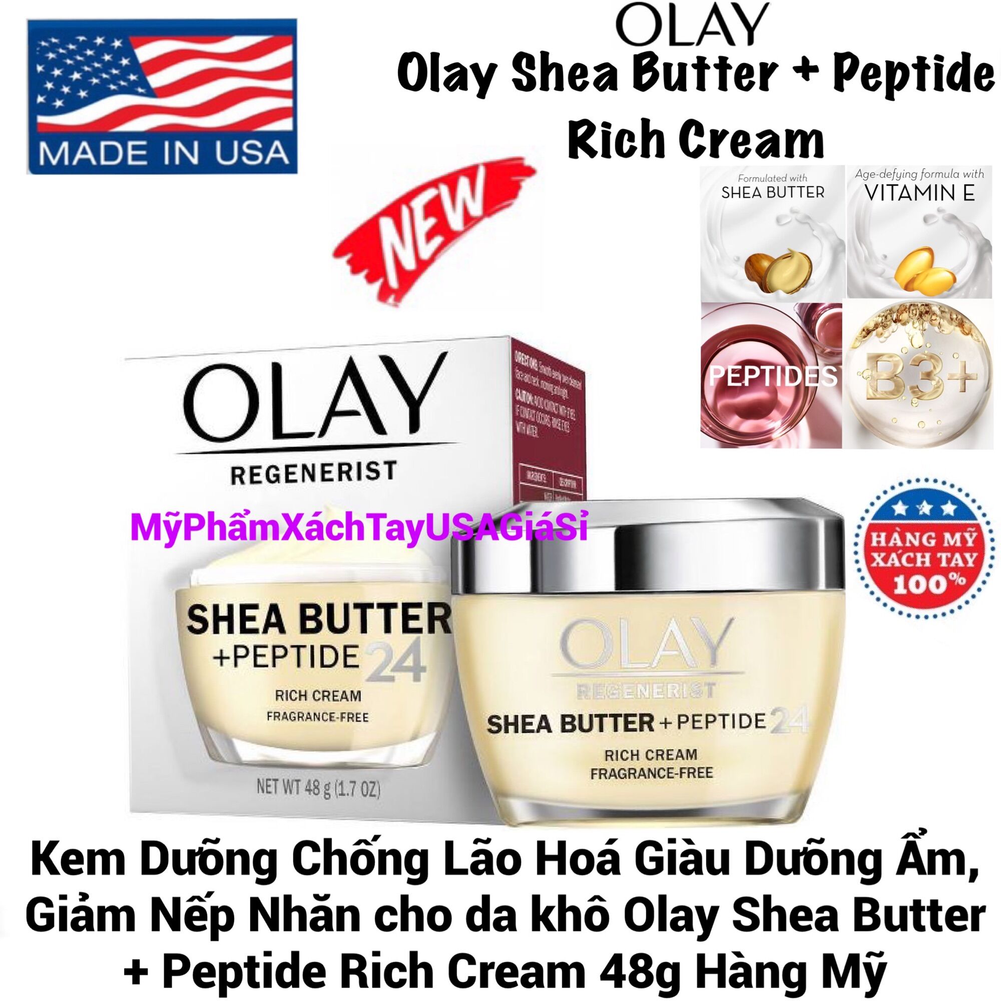 Kem dưỡng chống lão hóa giàu dưỡng ẩm, giảm nếp nhăn cho da khô Olay Shea Butter + Peptide Rich Cream 48g USA