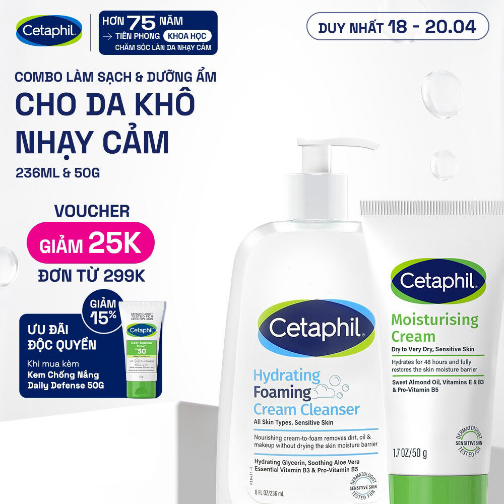 Combo Sữa Rửa Mặt Tạo Bọt Cetaphil Hydrating Foaming Cream Cleanser 236ml + Kem dưỡng ẩm CETAPHIL MOISTURISING CREAM 50G