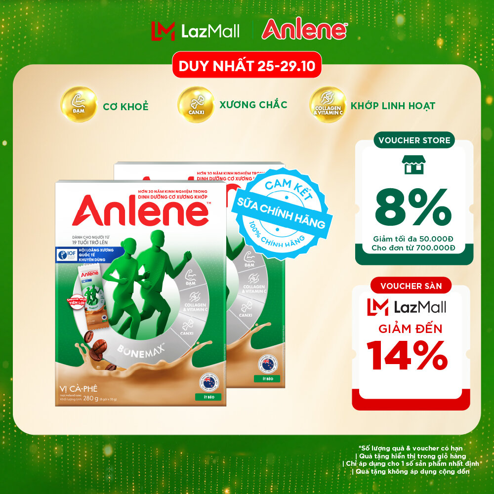 [Voucher giảm đến 26%]Combo 2 Sữa Bột Anlene Hương Cà Phê Dạng Gói Tiện Lợi (8 Gói x 35G)