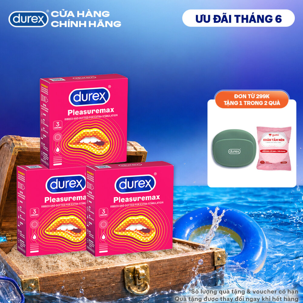Combo 3 bao cao su Durex Pleasuremax gân gai tăng khoái cảm (size 56mm, 3 bao/hộp)