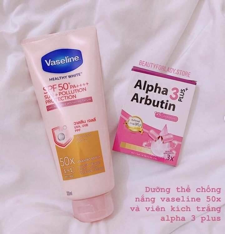 Combo Dưỡng Thể Vaseline 50X 320Ml + Bột Kích Trắng Alpha Arbutin Thái Lan