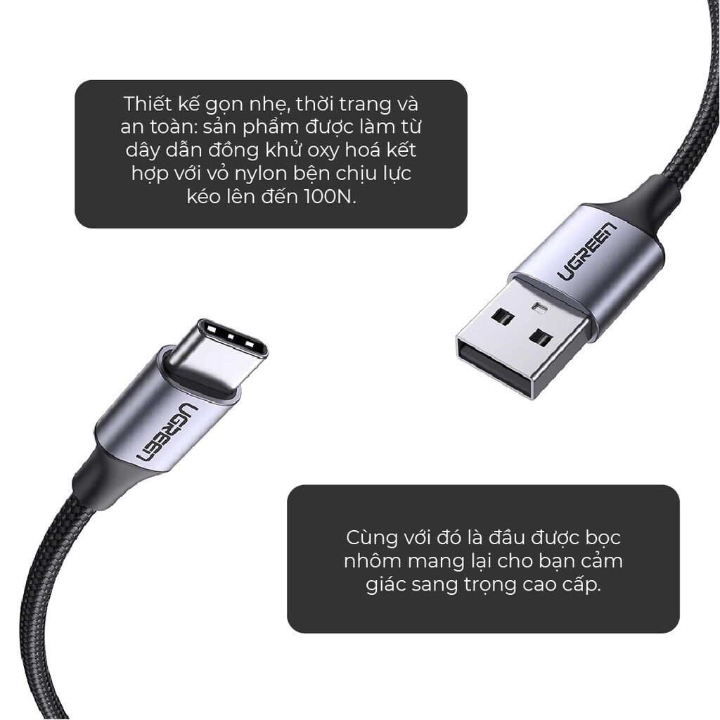 Cáp sạc nhanh Ugreen US288 dài 1M [ USB 2.0 A sang Type C 18W - tương thích với mọi thiết bị ]
