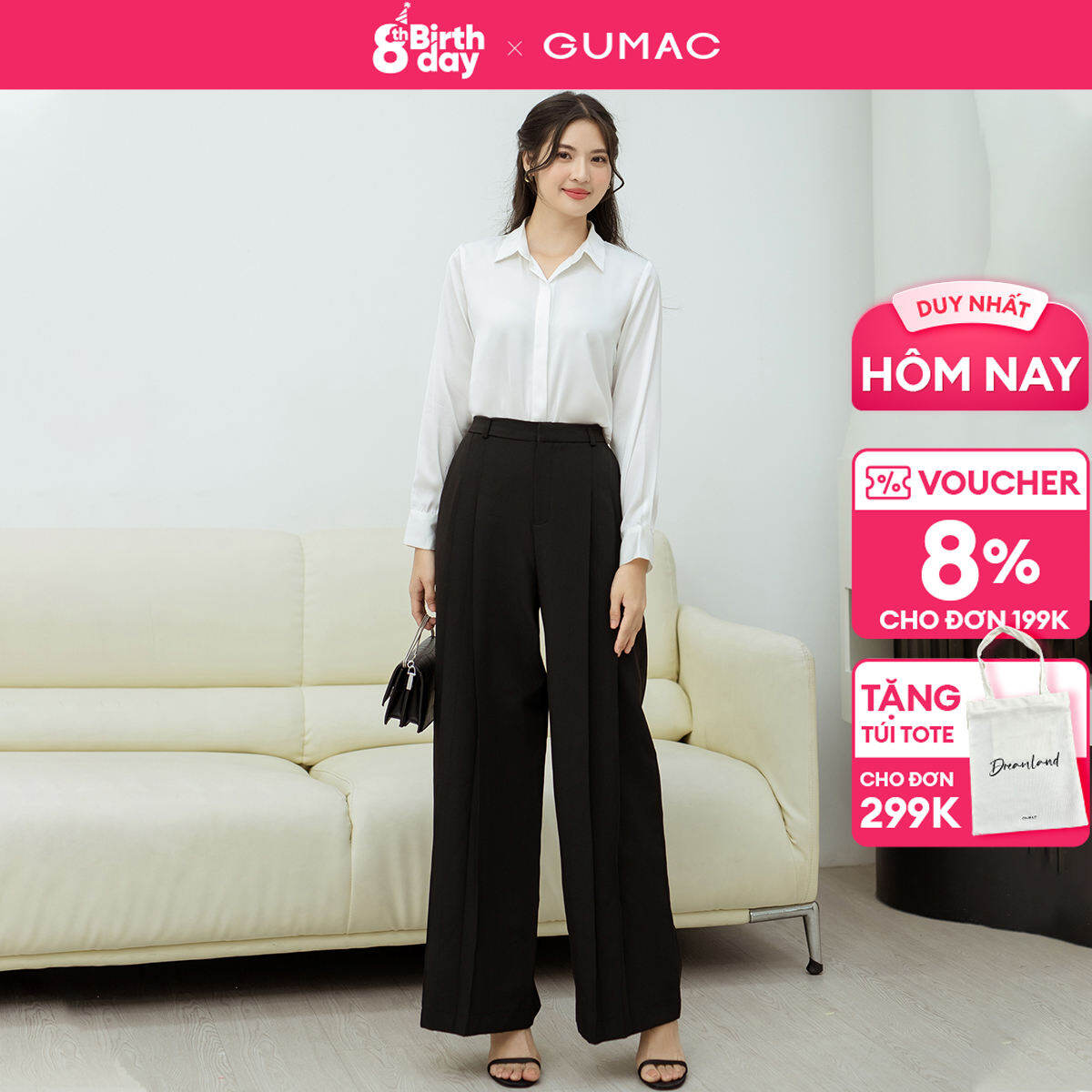 Quần tây nữ công sở GUMAC QD08054 dáng ống rộng chiết li