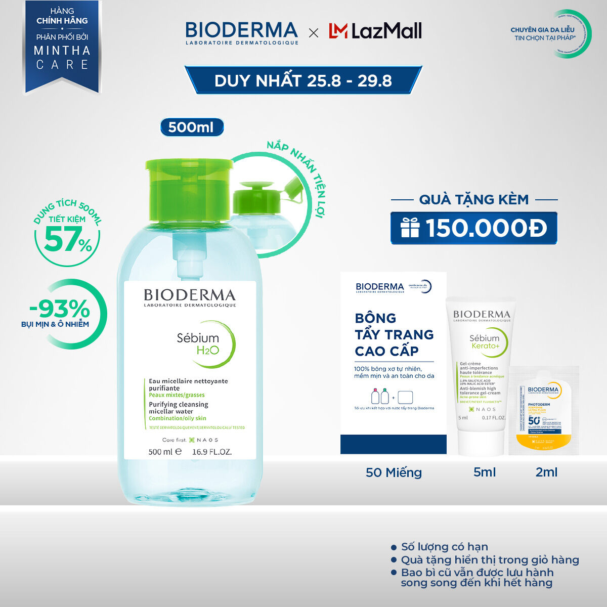 Dung dịch làm sạch và tẩy trang Micellar cho da hỗn hợp và da dầu Bioderma Sébium H2O - 500ml (có nắp nhấn)