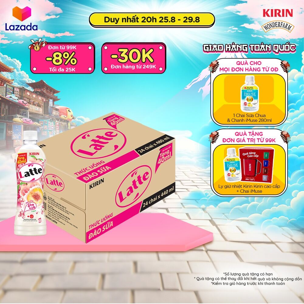 Thùng 24 chai thức uống đào sữa kirin latte 440ml