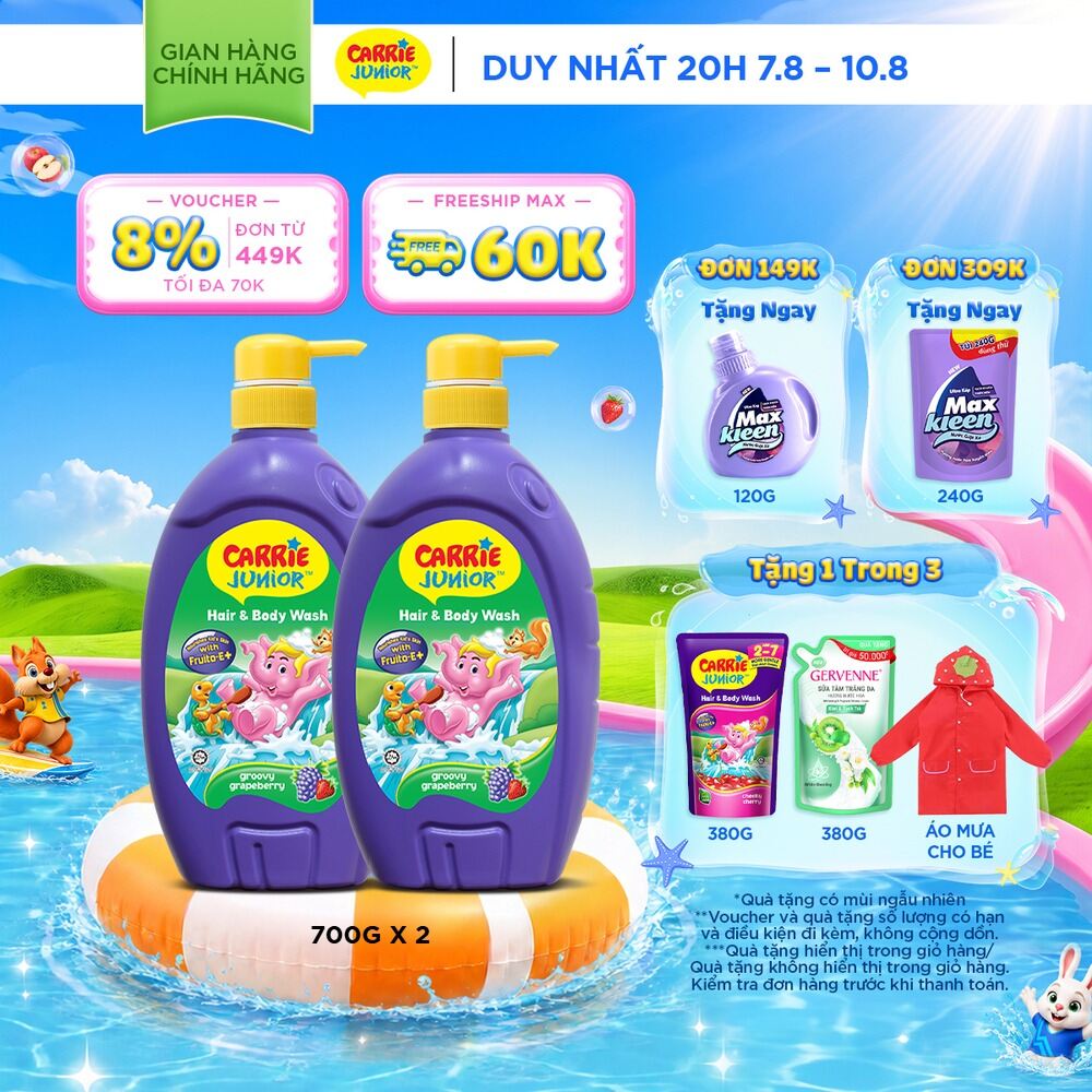 Combo 2 Sữa Tắm Gội cho bé Carrie Junior chiết xuất trái cây thiên nhiên Hương Grapeberry (700g/chai)