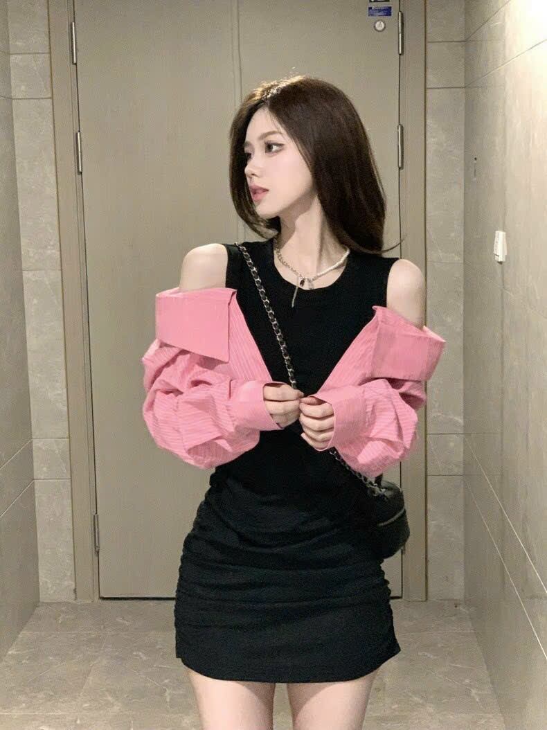 ĐẦM BODY ĐEN PHỐI SƠ MI HỒNG