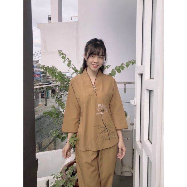 Đồ lam đi chùa mẫu nữ 1 nút thêu sen