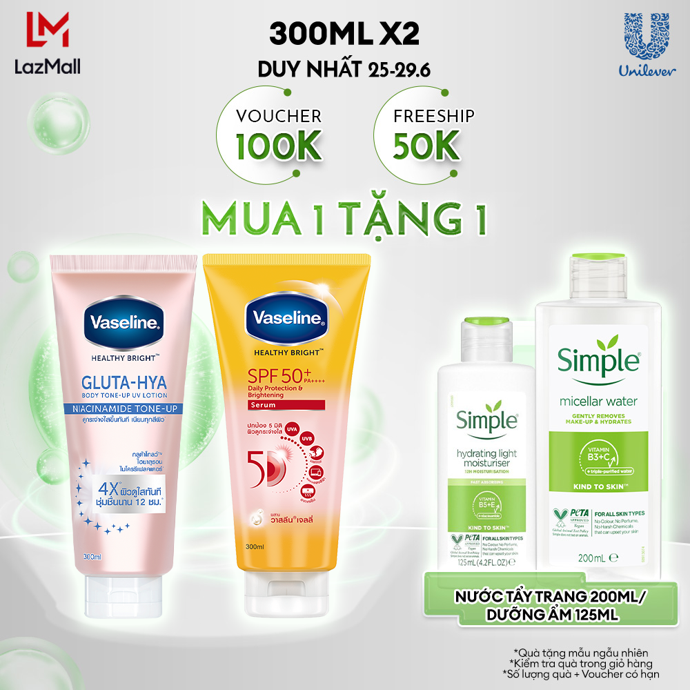 Combo Vaseline dưỡng ngày đêm chống nắng & nâng tông gấp 4 lần 300ml/chai