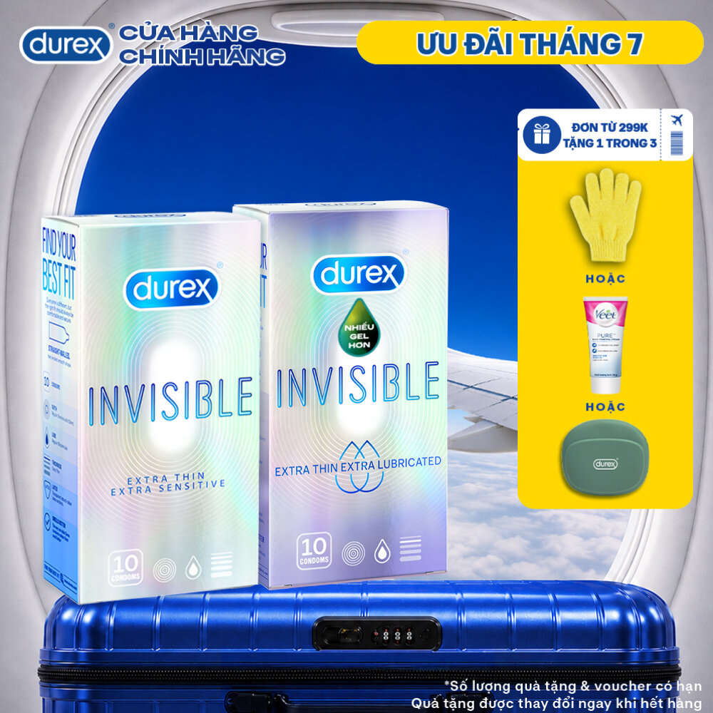 BỘ 1 HỘP BAO CAO SU siêu mỏng thêm bôi trơn DUREX INVISIBLE LUBRICATED và 1 HỘP DUREX INVISIBLE EXTRA THIN EXTRA SENSITIVE (52 mm, 10 bao/hộp)