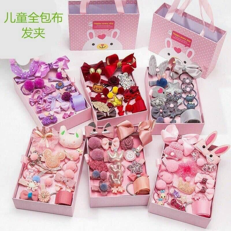 Set 18 món cột, kẹp tóc cho bé, kèm hộp túi đựng