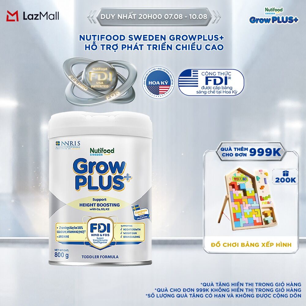 Sữa Bột Nutifood Sweden GrowPLUS+ Cao lớn vượt trội từ 1 - 2 tuổi (Bạc) 800g