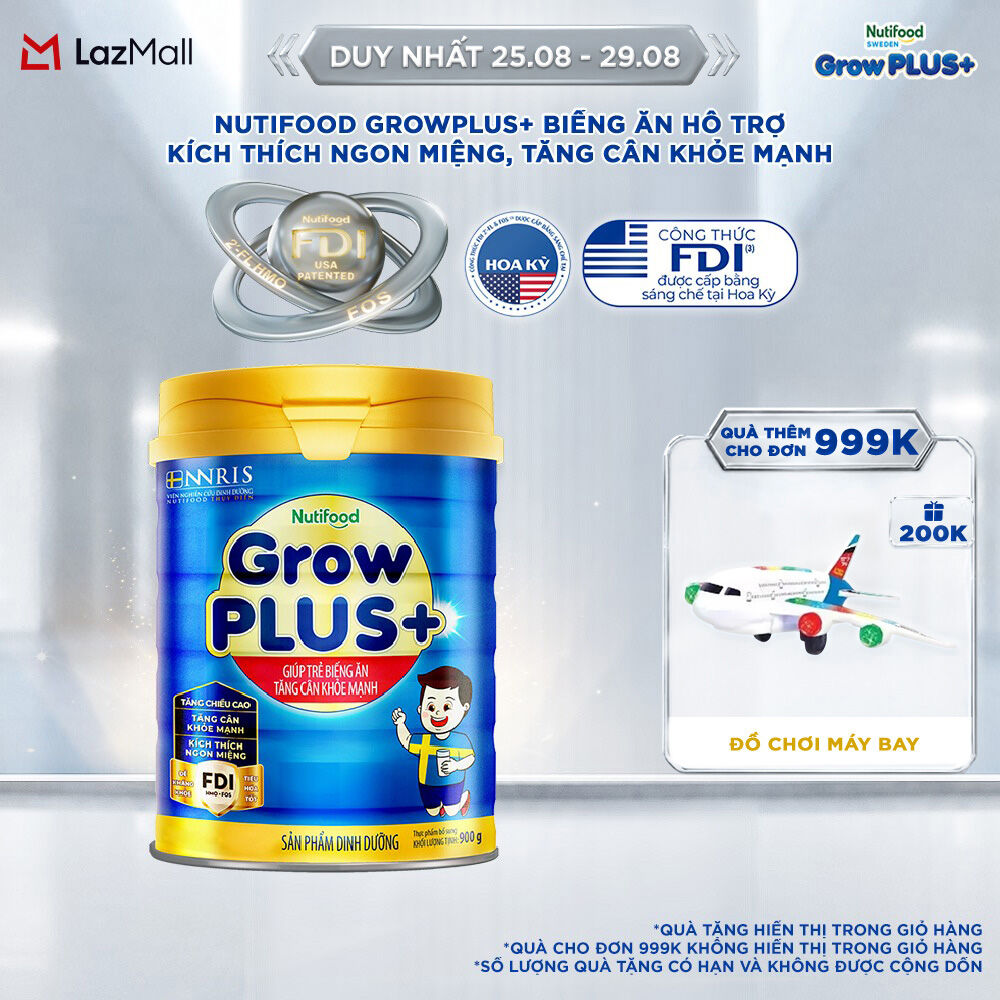Sữa Bột Nutifood GrowPLUS+ Biếng Ăn (Xanh)  - Hỗ Trợ Kích Thích Ngon Miệng, Tăng Cân Khỏe Mạnh (Lon 900g)