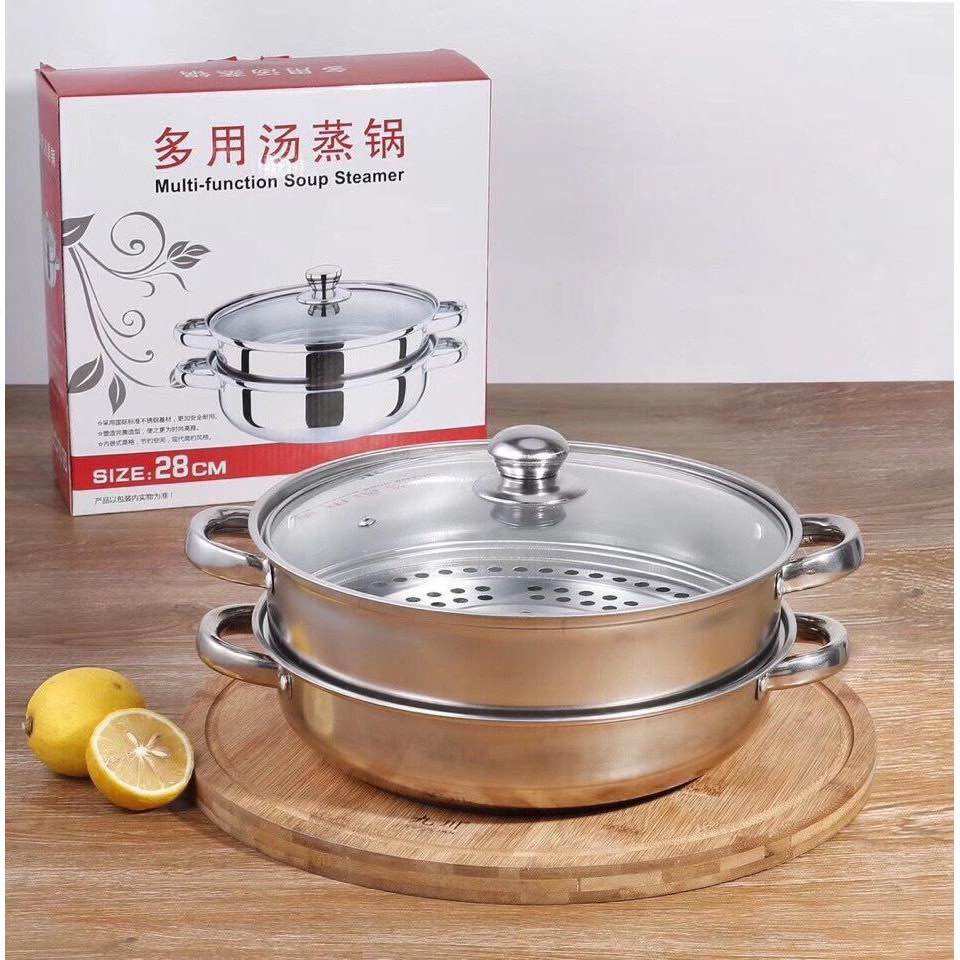 Nồi và Xửng Hấp Inox 2 Tầng 28cm HỘP ĐỎ - Nồi hấp cách thủy - Nồi hấp nắp thủy tinh