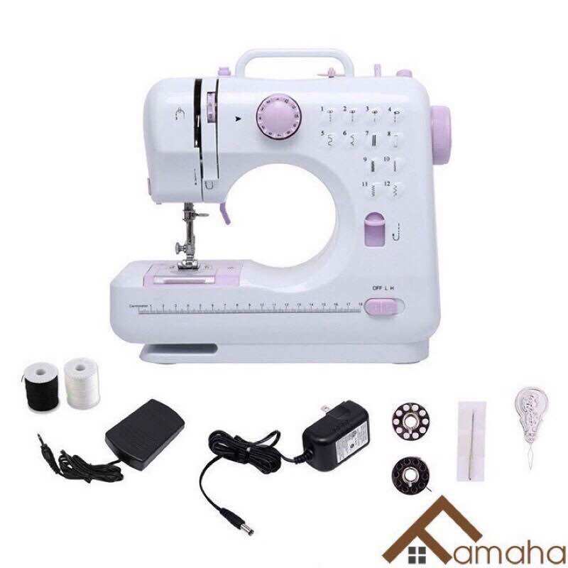 Máy may mini gia đình fhsm 505 12 đường may, có vắt tặng kèm bàn máy may