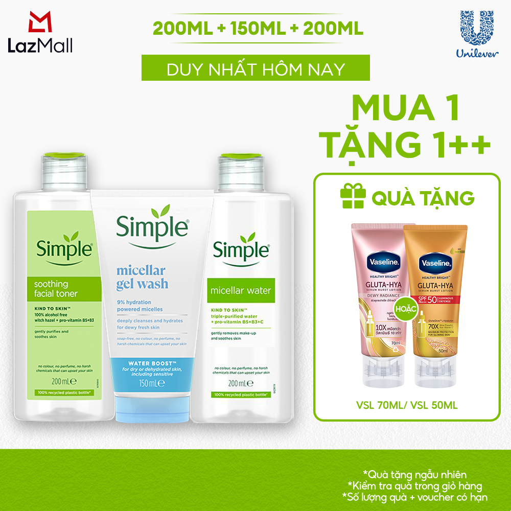 Combo Simple Nước Tẩy Trang 200ml + Sữa Rửa Mặt 150ml + Nước Hoa Hồng 200ml cho mọi loại da