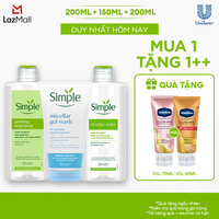 Combo Simple Nước Tẩy Trang 200ml + Sữa Rửa Mặt 150ml + Nước Hoa Hồng 200ml cho mọi loại da