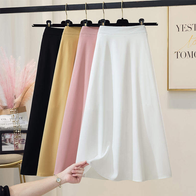 Váy Xòe Màu Trắng Chân Váy Cảm Giác Rủ Xuống Bề Mặt Satin Mẫu Dài Vừa Váy Chữ A Voan Màu Trơn Mẫu Mỏng Mùa Hè Eo Cao Che Thịt Cho Nữ J