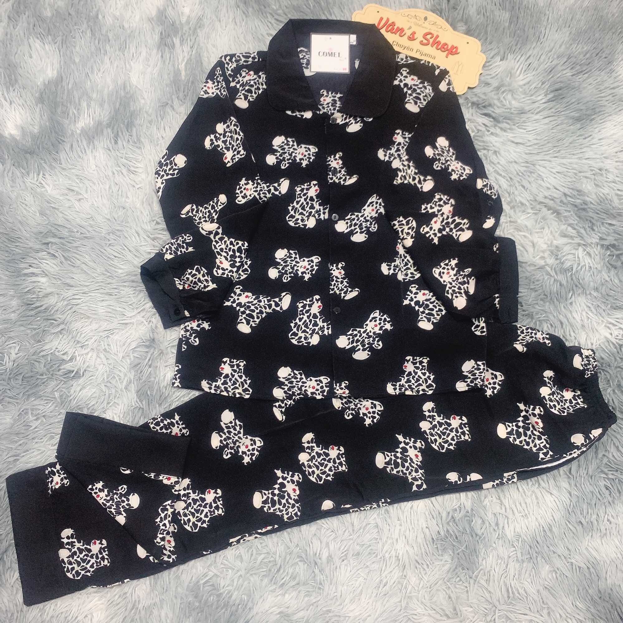 Đồ bộ pijama tay dài thiết kế cao cấp hình chú gấu, vải lụa mango mềm mát, Freesize