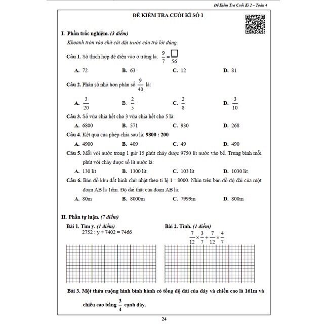 Sách - Đề Kiểm Tra Toán Lớp 4 - Tập 2 (1 cuốn)