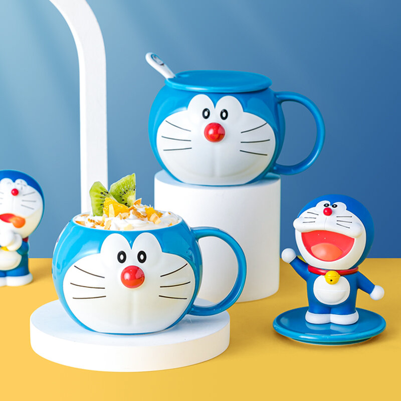 Cốc nước yến mạch sữa bò doraemon cốc hoạt hình ins gốm sứ cốc mug dung tích lớn kèm thìa nắp cho trẻ em đáng yêu