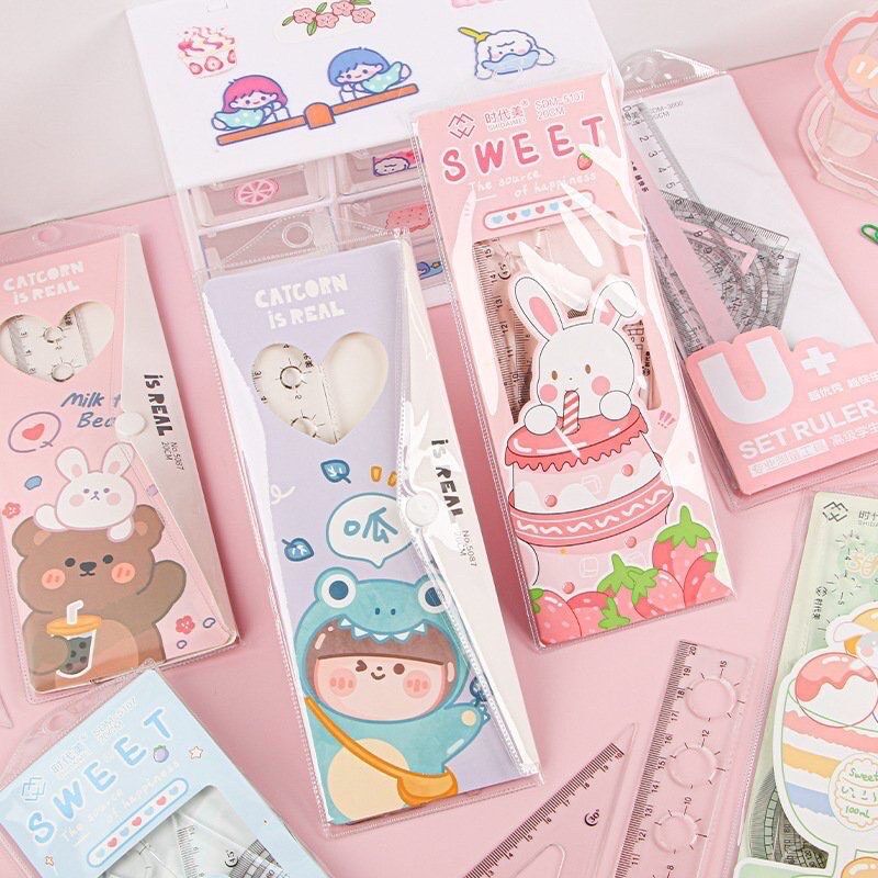 Set 4 thước kẻ eke, đo độ, thước góc, thước dài 20cm