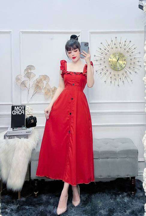 Đầm maxi cánh tiên trơn phối nút. – No Brand >>> top1shop >>> lazada.vn