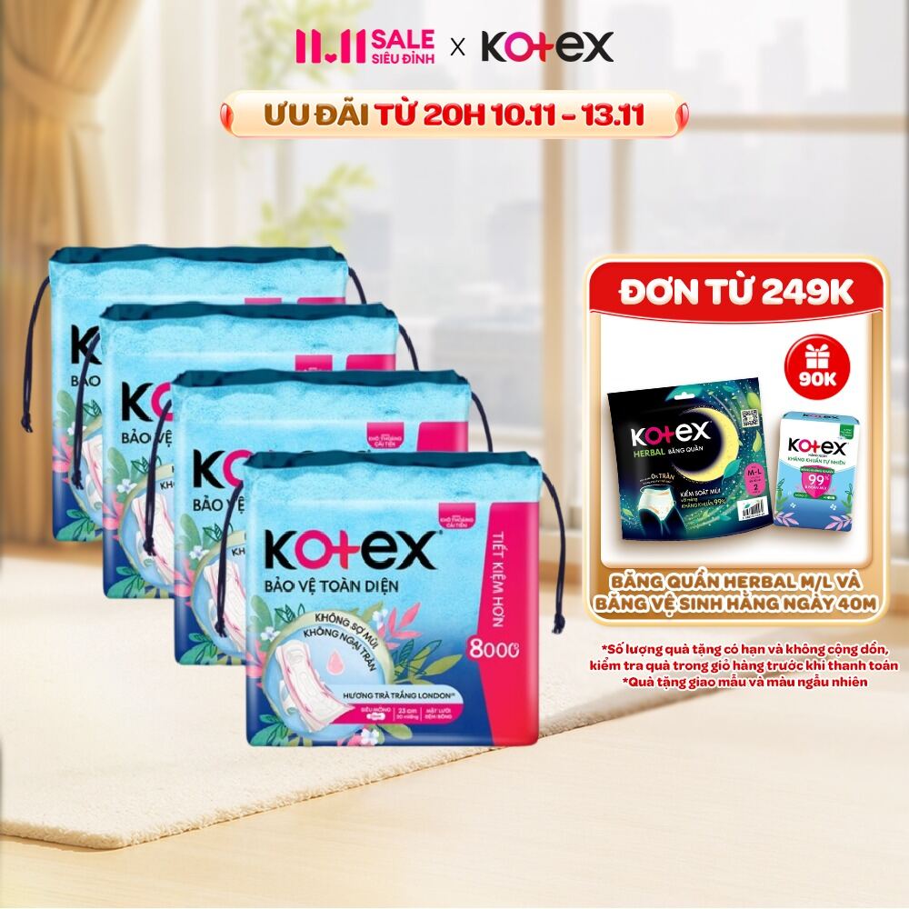 Lốc 4 Gói băng vệ sinh Kotex Bảo Vệ Toàn Diện 23cm Siêu Mỏng Cánh 20 miếng/ gói